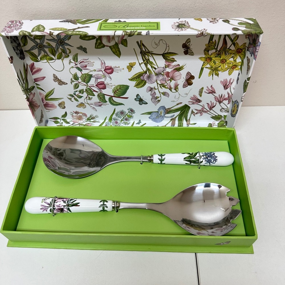 Portmeirion Botanic Garden Salad Server Set 2pc Stainless Ceramic BG1107 Boxed